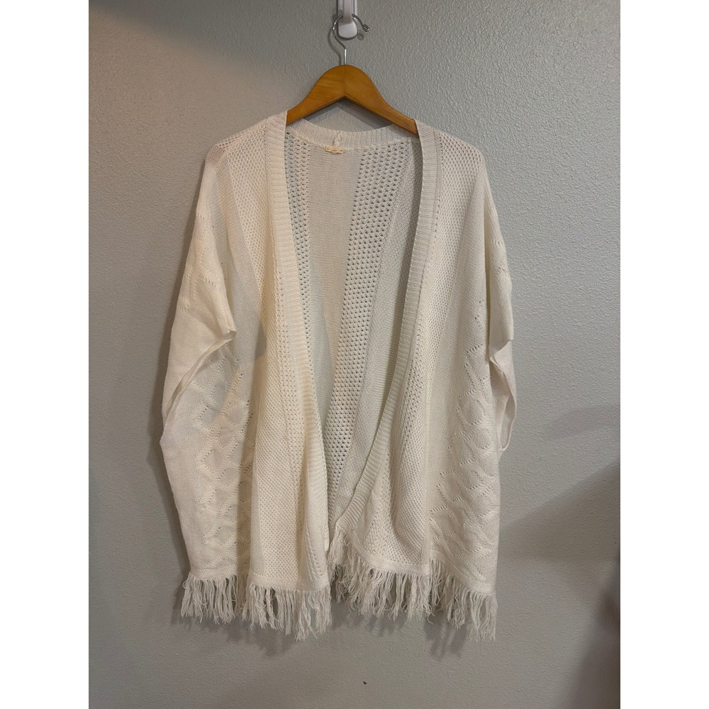 Cardigan Women One Size White Boho Fringe Open Front Mixed Knit Wrap Festival